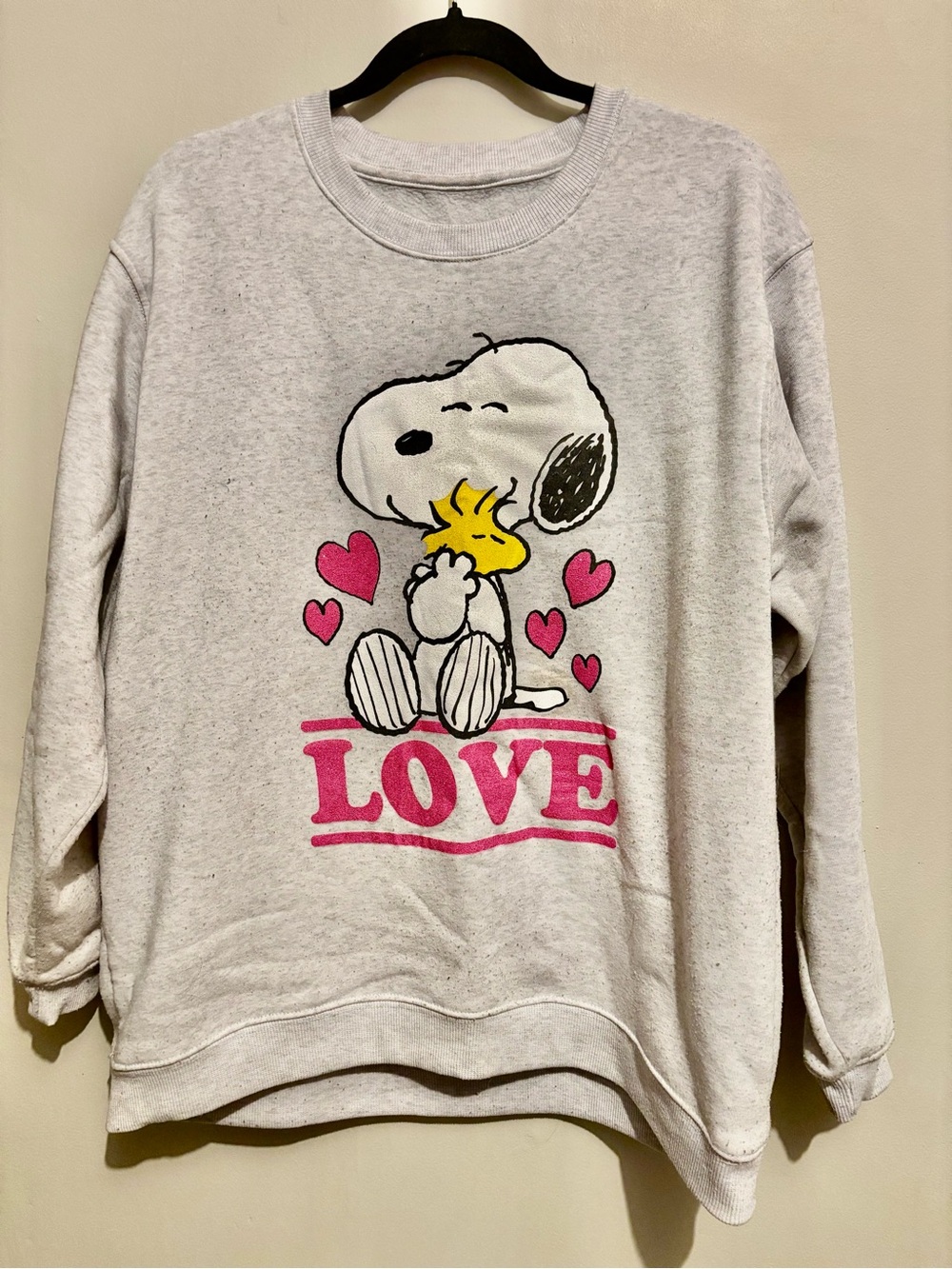 Peanuts Light Gray Snoopy & Woodstock LOVE Crewneck Sweatshirt - Pink Accents